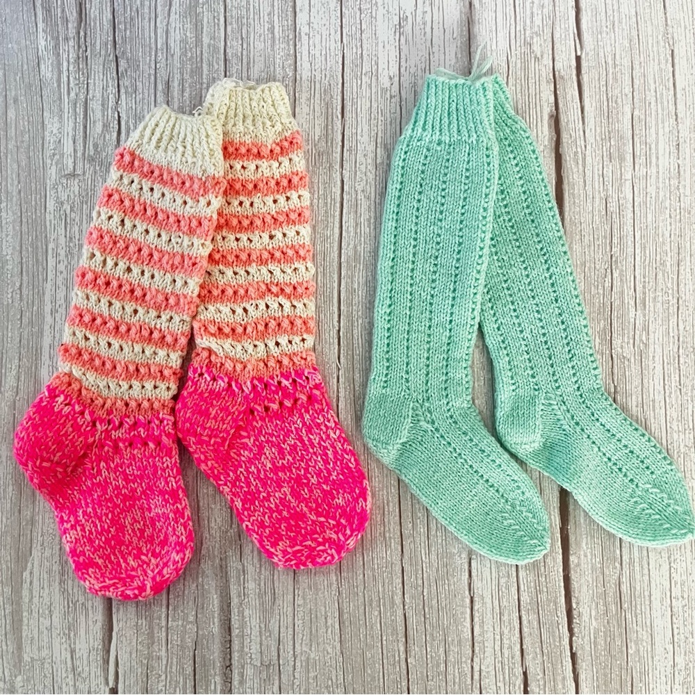 2  Pairs Handmade Knit Baby Long Socks Pink & Green 18-24 Months 2T New Acrylic